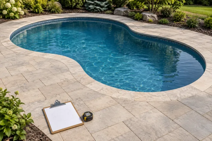 Kidney-shaped pool with curved stone coping, a faint outline sketch and a closed tape measure on the deck
