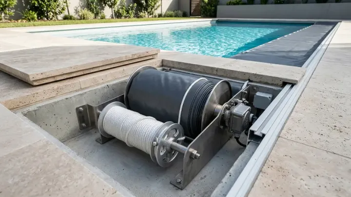 Automatic pool cover recessed mechanism pit showing roll-up drum, rope reel, and gear motor