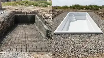 Side by side view of an excavated pool shell with tied steel reinforcing bars next to a white molded fiberglass pool shell on crushed stone backfill