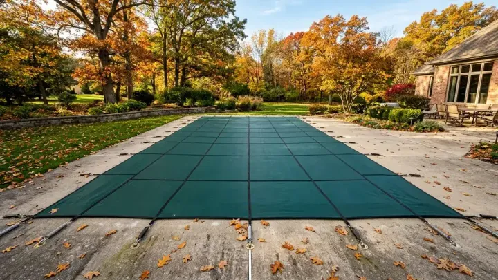 Taut green manual safety pool cover stretched across an in-ground swimming pool with black webbing straps, stainless steel springs, and brass deck anchors