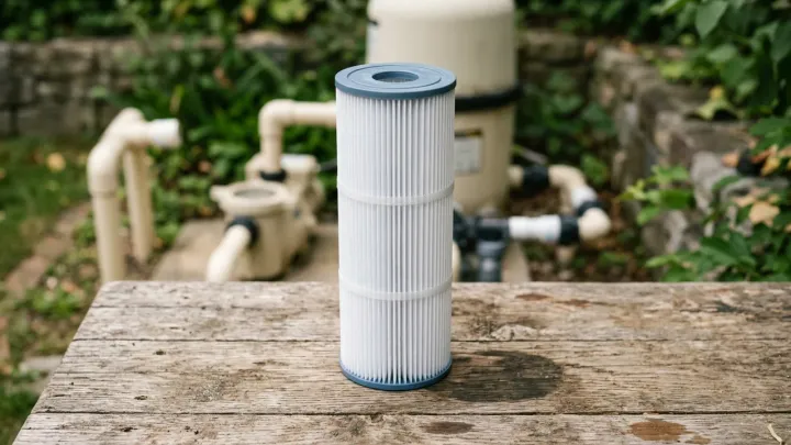 A tall white pleated filter cartridge standing on a wooden workbench