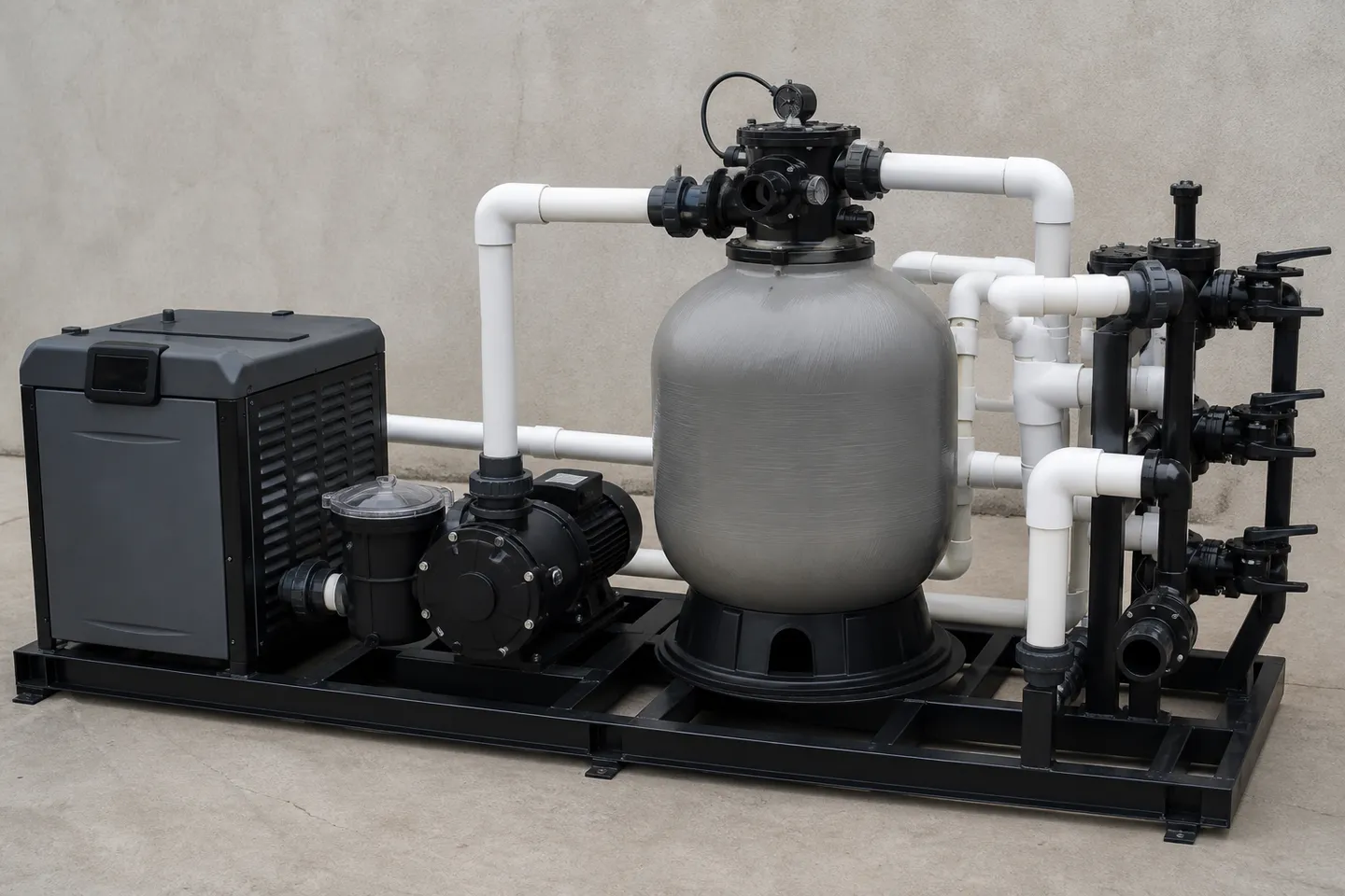 Packaged pool equipment skid with pump, filter, heater and valves