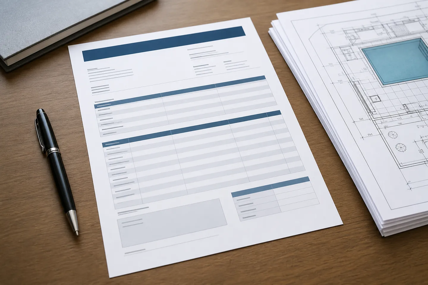 Printed RFQ template on a desk with pool drawings