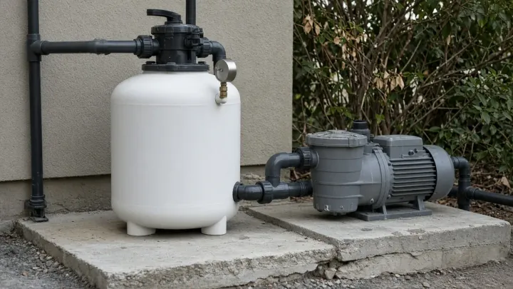 White filter tank and gray pump on a concrete pad, with the pressure gauge turned away from the camera