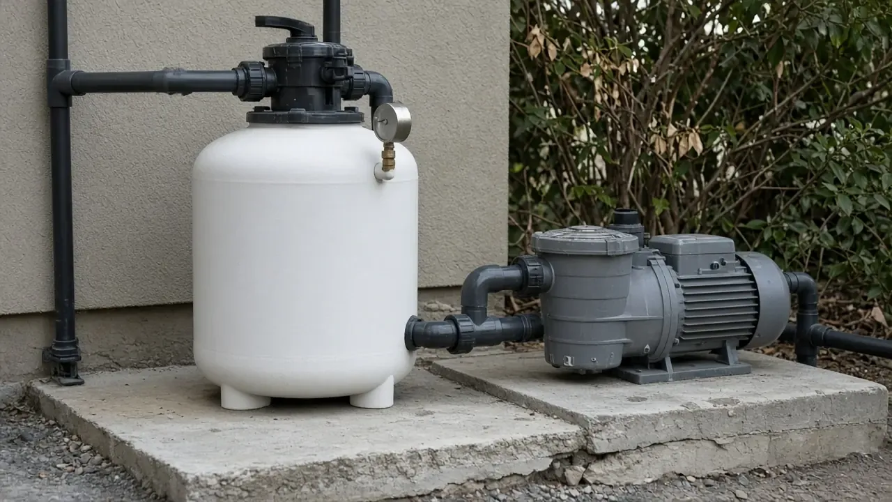 White filter tank and gray pump on a concrete pad, with the pressure gauge turned away from the camera