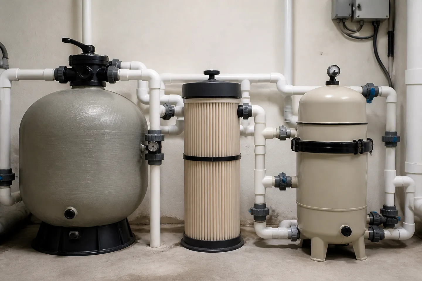 Sand, cartridge and DE-style pool filters standing in one equipment room