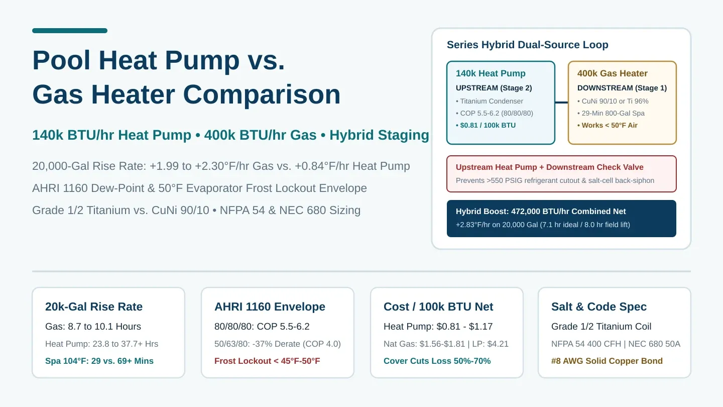 Engineering comparison schematic of a 140,000 BTU/hr titanium pool heat pump and a 400,000 BTU/hr gas heater showing temperature rise rates, AHRI 1160 COP curves, and series hybrid plumbing