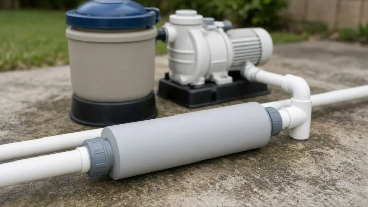 Unlabeled salt chlorine cell in white pipe on a concrete pad, with a filter and pump behind it
