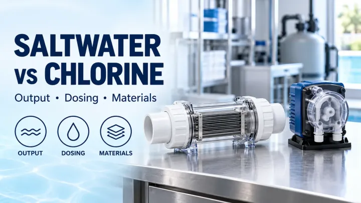 Saltwater vs chlorine comparison banner with a salt cell, metering pump and output, dosing and materials icons