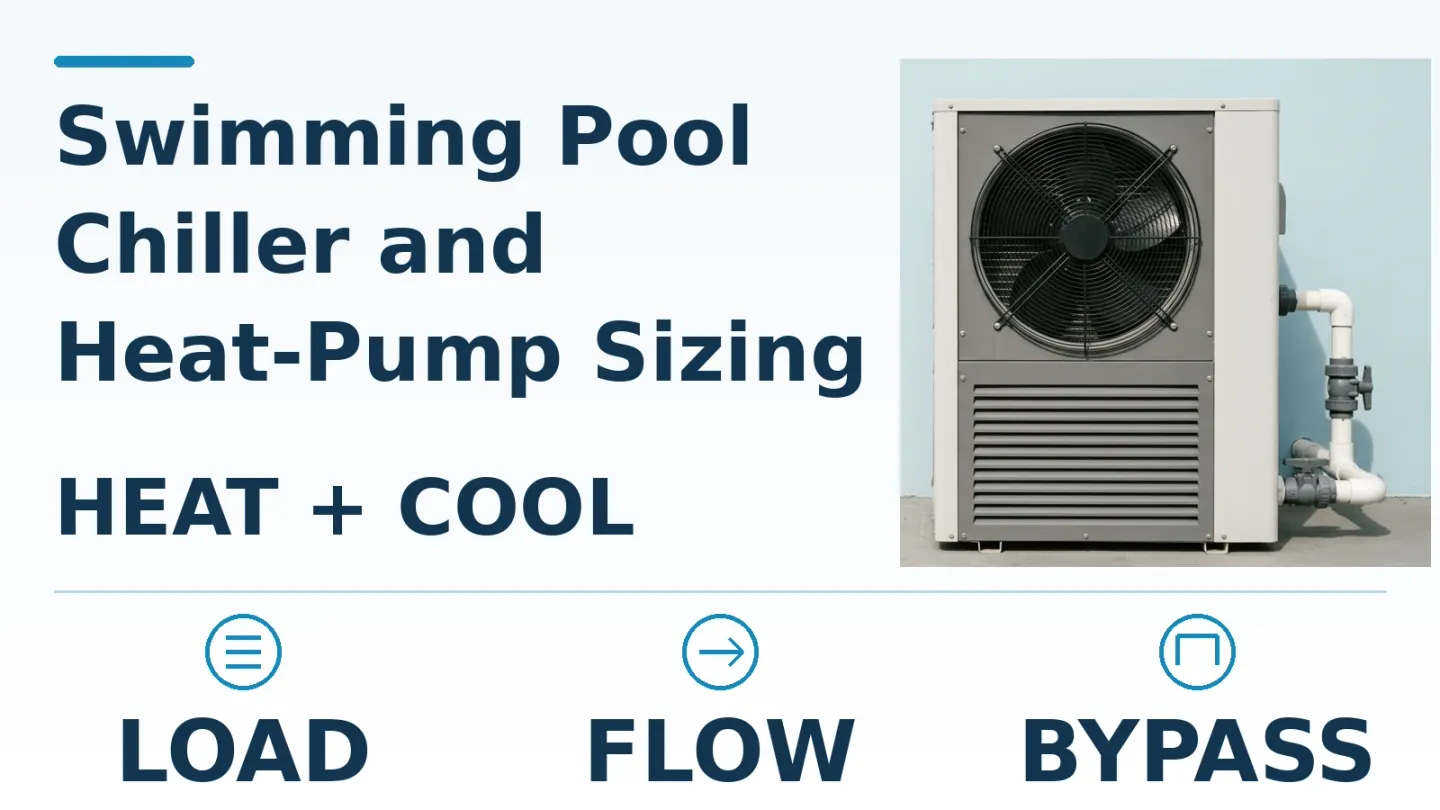 Generic heat-pump cabinet beside the sizing guide title and four engineering labels