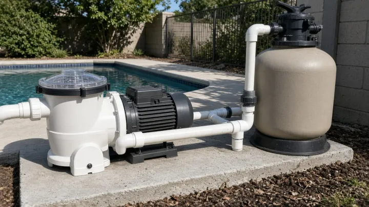 Generic pool pump and sand filter on a concrete pad beside a pool, with no brand marks