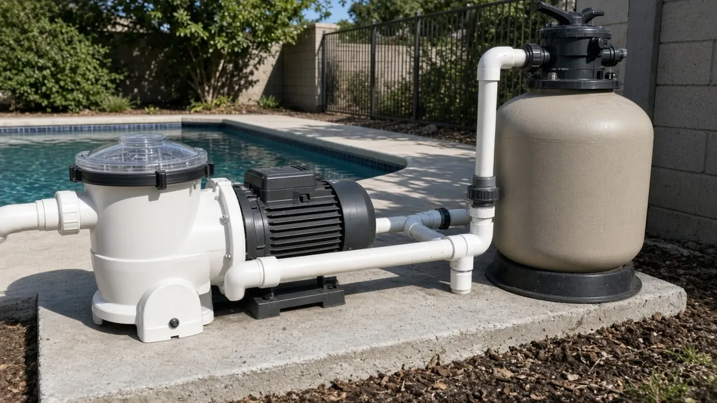 Generic pool pump and sand filter on a concrete pad beside a pool, with no brand marks