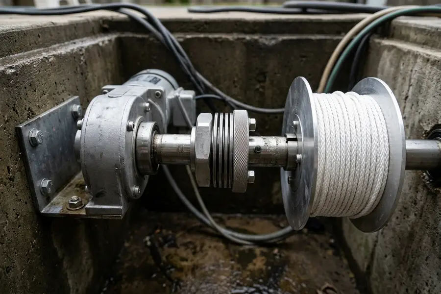 Automatic pool cover drive mechanism showing gear motor, stainless shaft, adjustable torque limiter slip clutch nut, and wound aluminum rope reel
