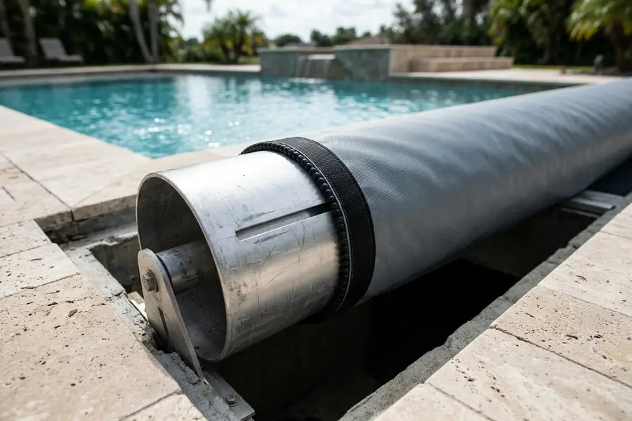 Aluminum roll-up tube drum across pool cover housing with gray vinyl cover fabric and black perimeter webbing aligned along the tube
