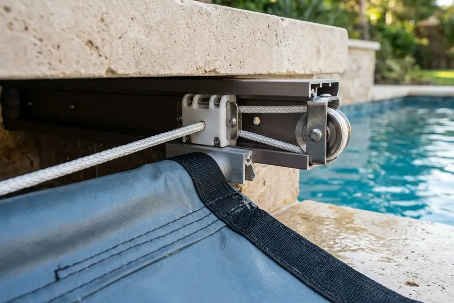 Close-up of automatic pool cover aluminum undertrack channel, leading-edge slider carriage, black webbing, and braided white drive rope at end pulley