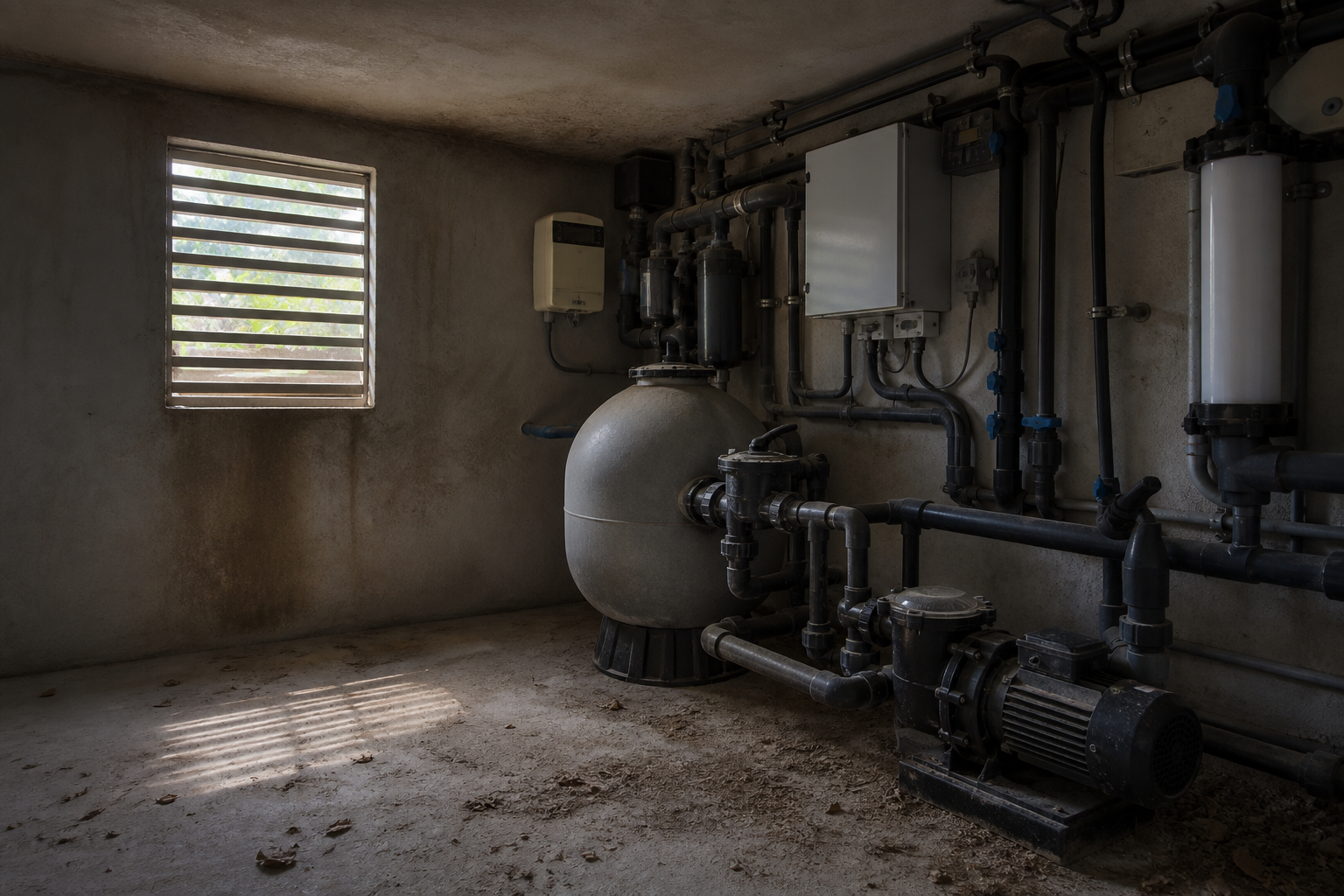 Ventilated pool plant room in a hot climate