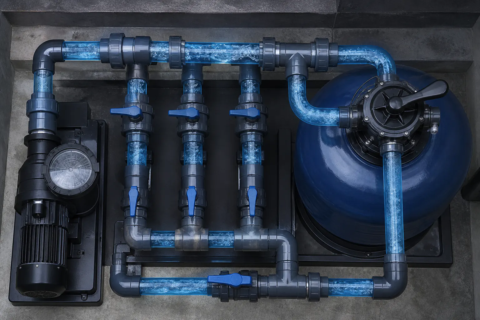 Pool piping manifold and valves in a plant room