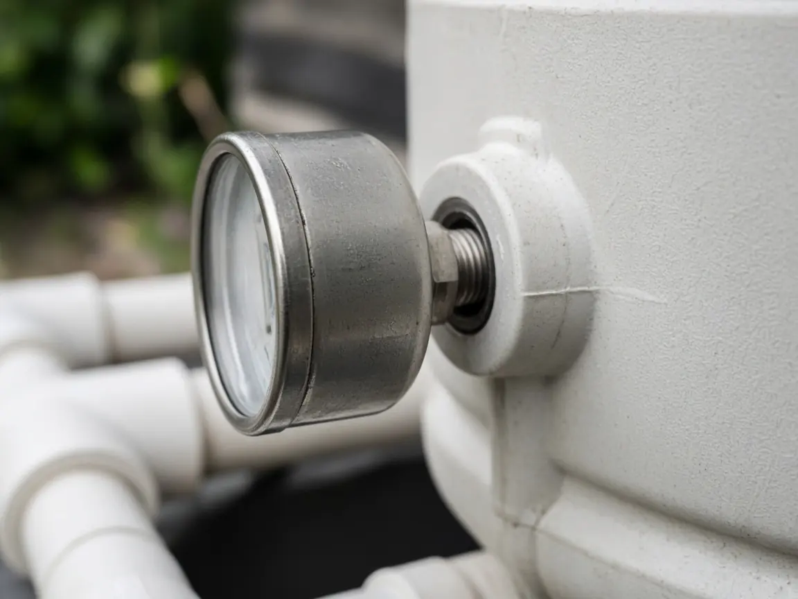 Round metal pressure gauge on a white filter tank, seen from the side so the dial is not readable
