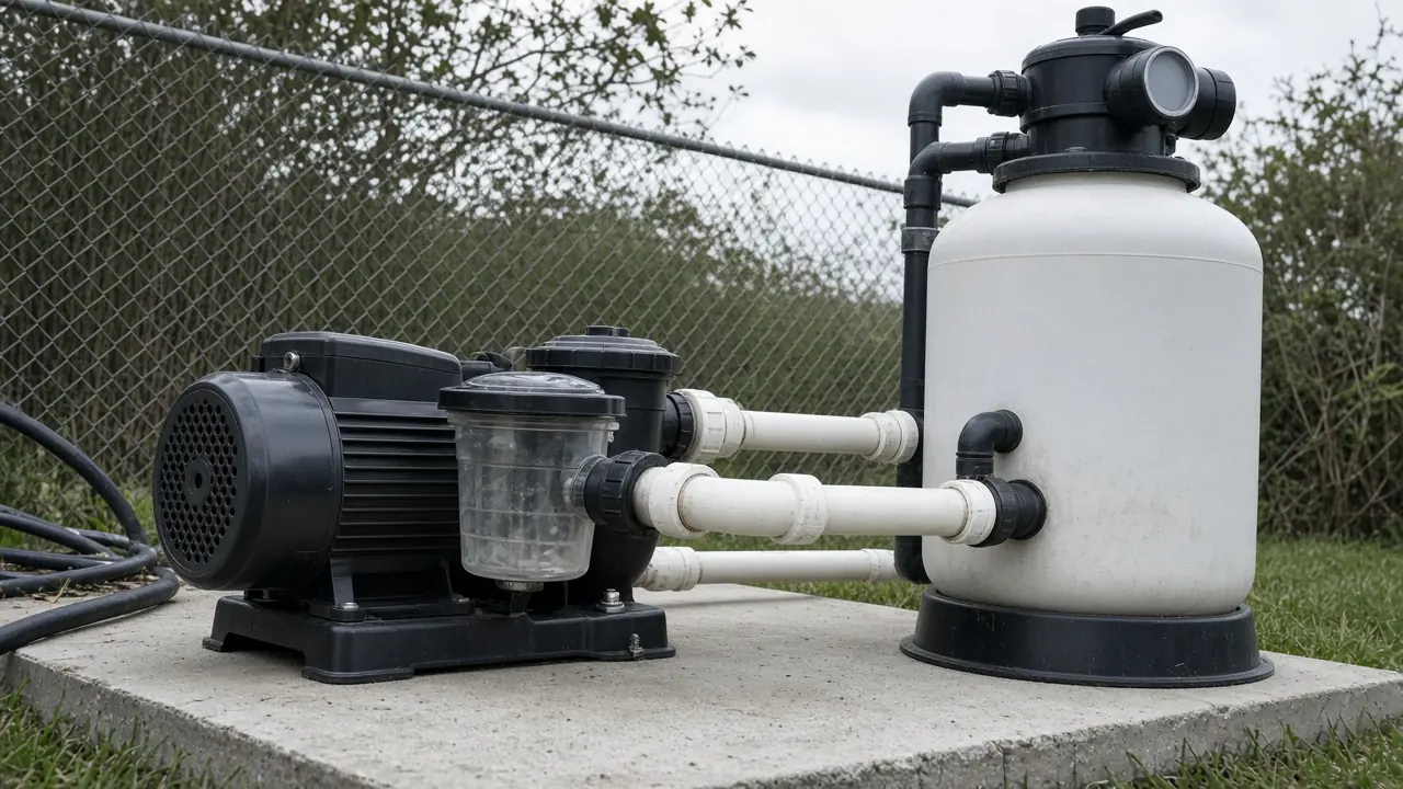 Pool pump and white filter tank on a concrete pad, with the gauge face turned away