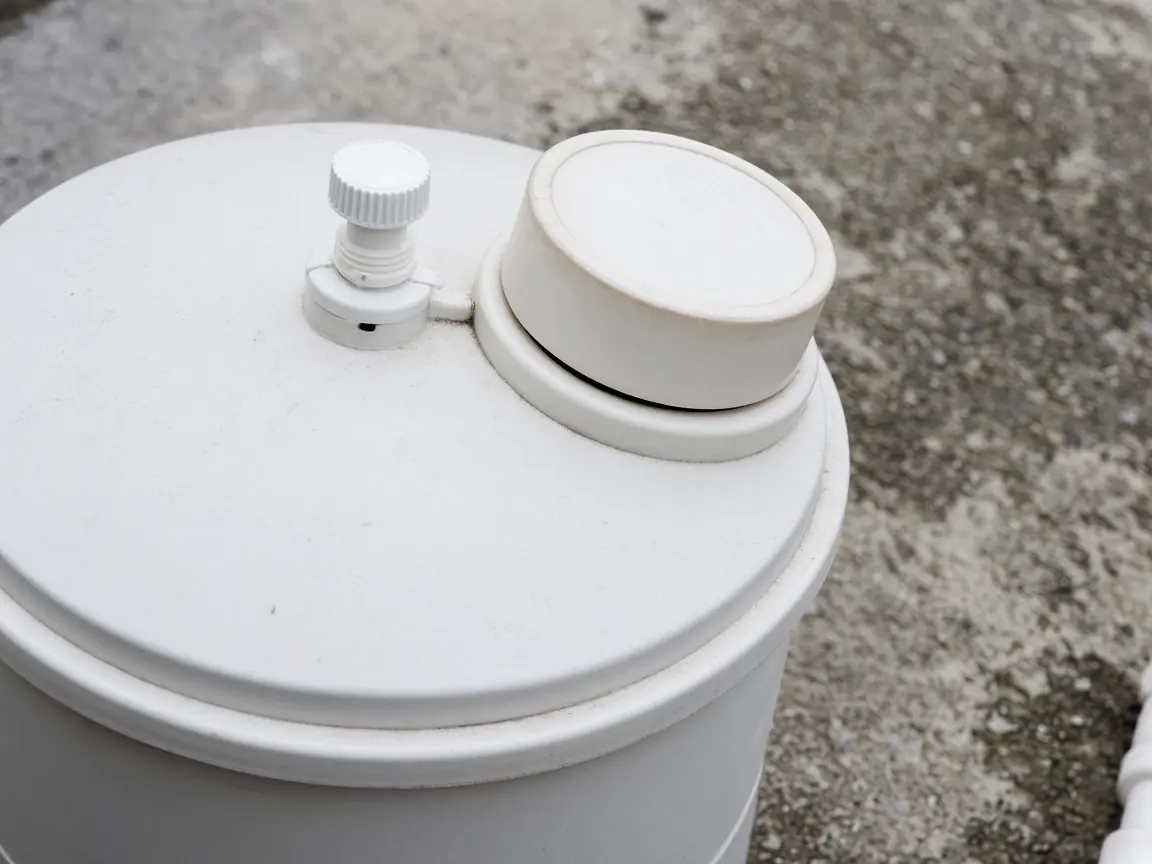 White filter lid with a small relief knob and a round cap, photographed on concrete