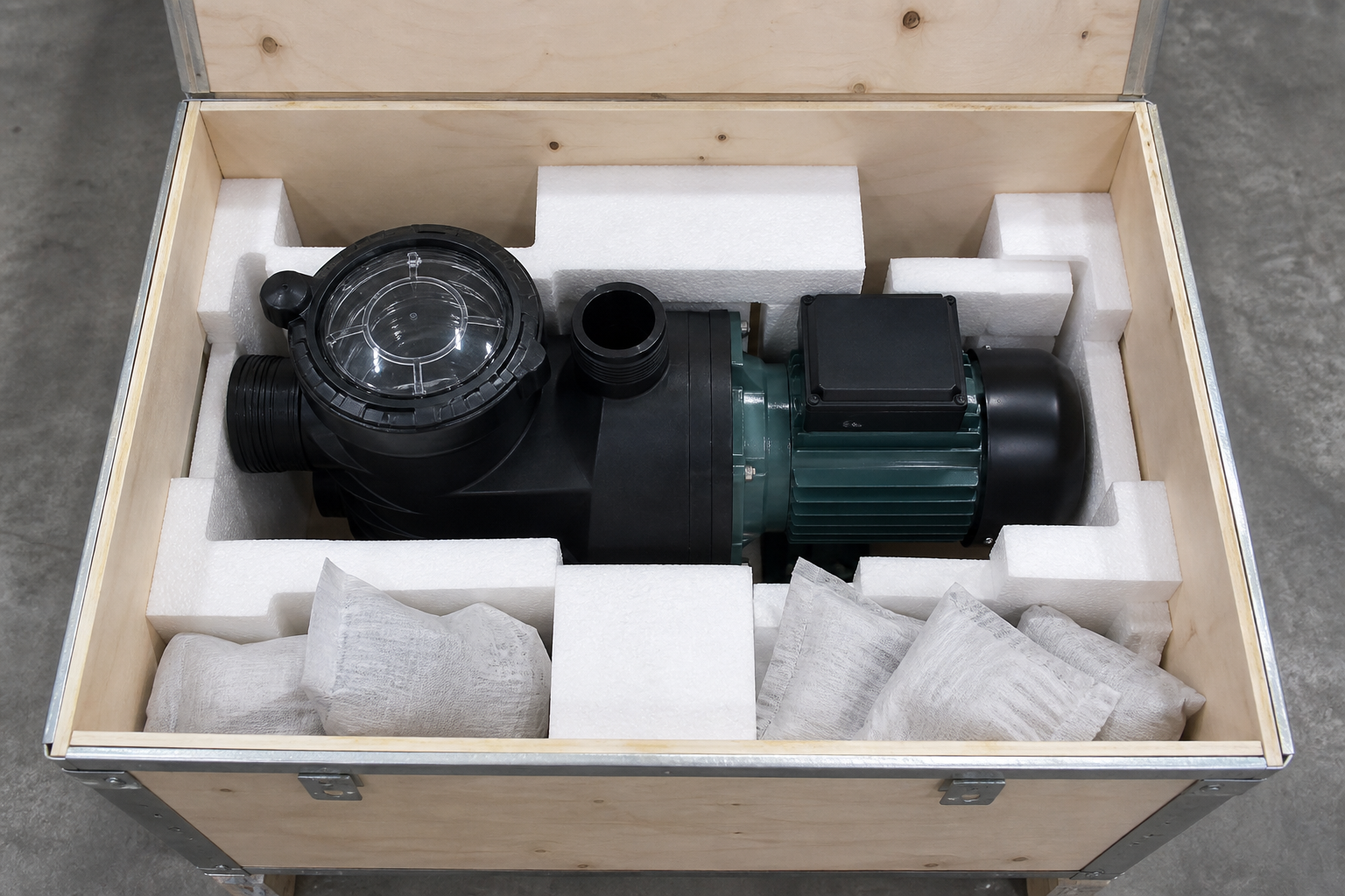 Pool pump packed in a crate with foam protection