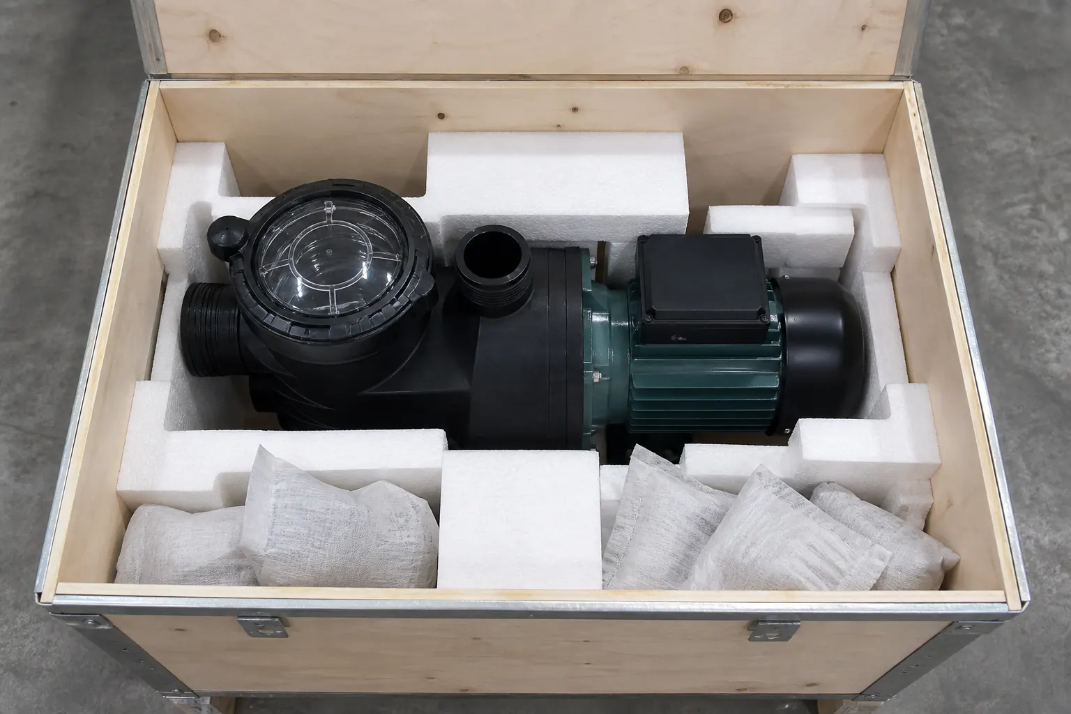 Pool pump packed in a crate with foam protection