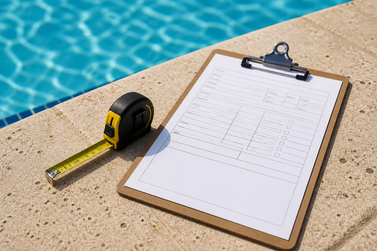 Measurement clipboard and tape on a pool deck
