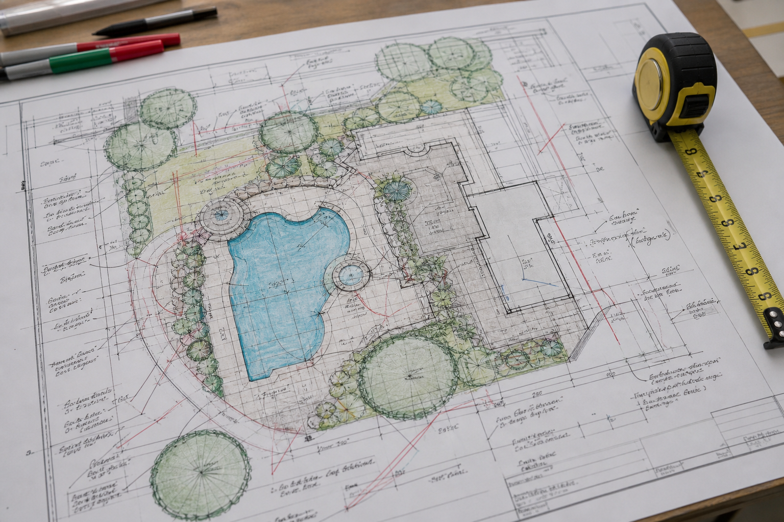 Marked pool site plan with a tape measure