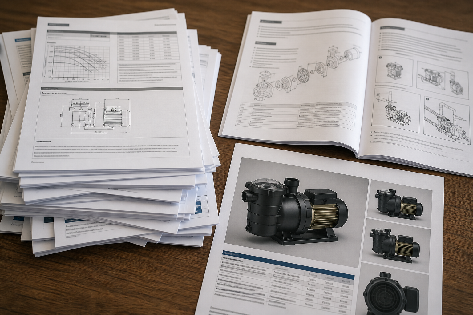 Manufacturer data sheets stacked beside a pump photograph