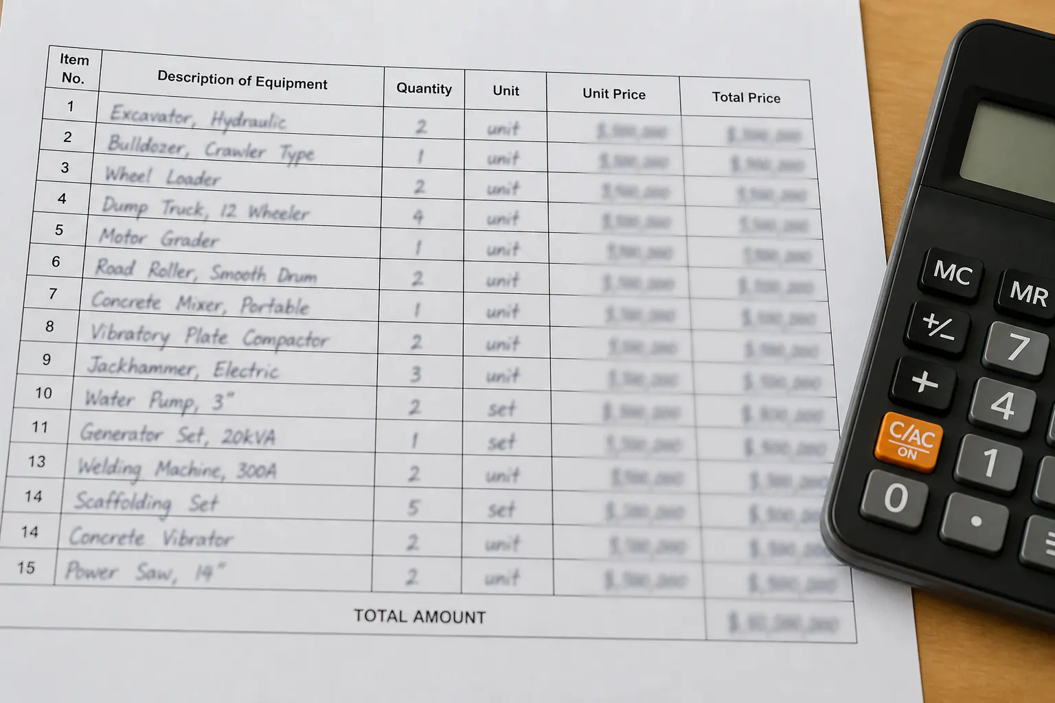 Line-item quotation table beside a calculator