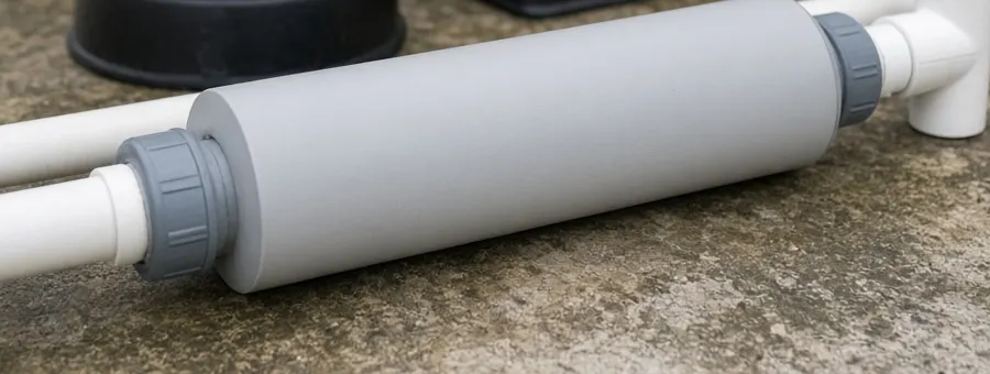 Close view of an unlabeled gray salt chlorine cell joined to white pool pipe