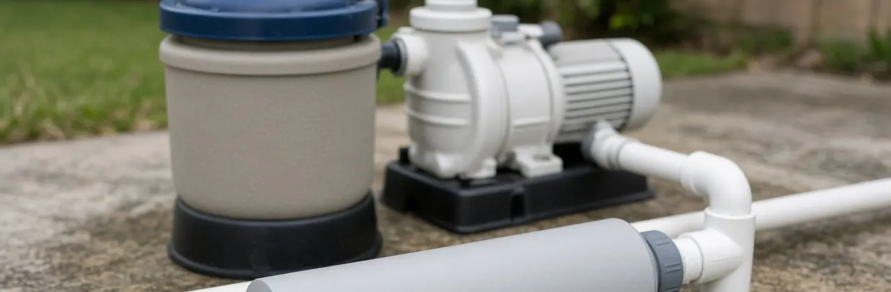 Pool pump and filter on a concrete pad, with an unlabeled salt chlorine cell in the pipe in front