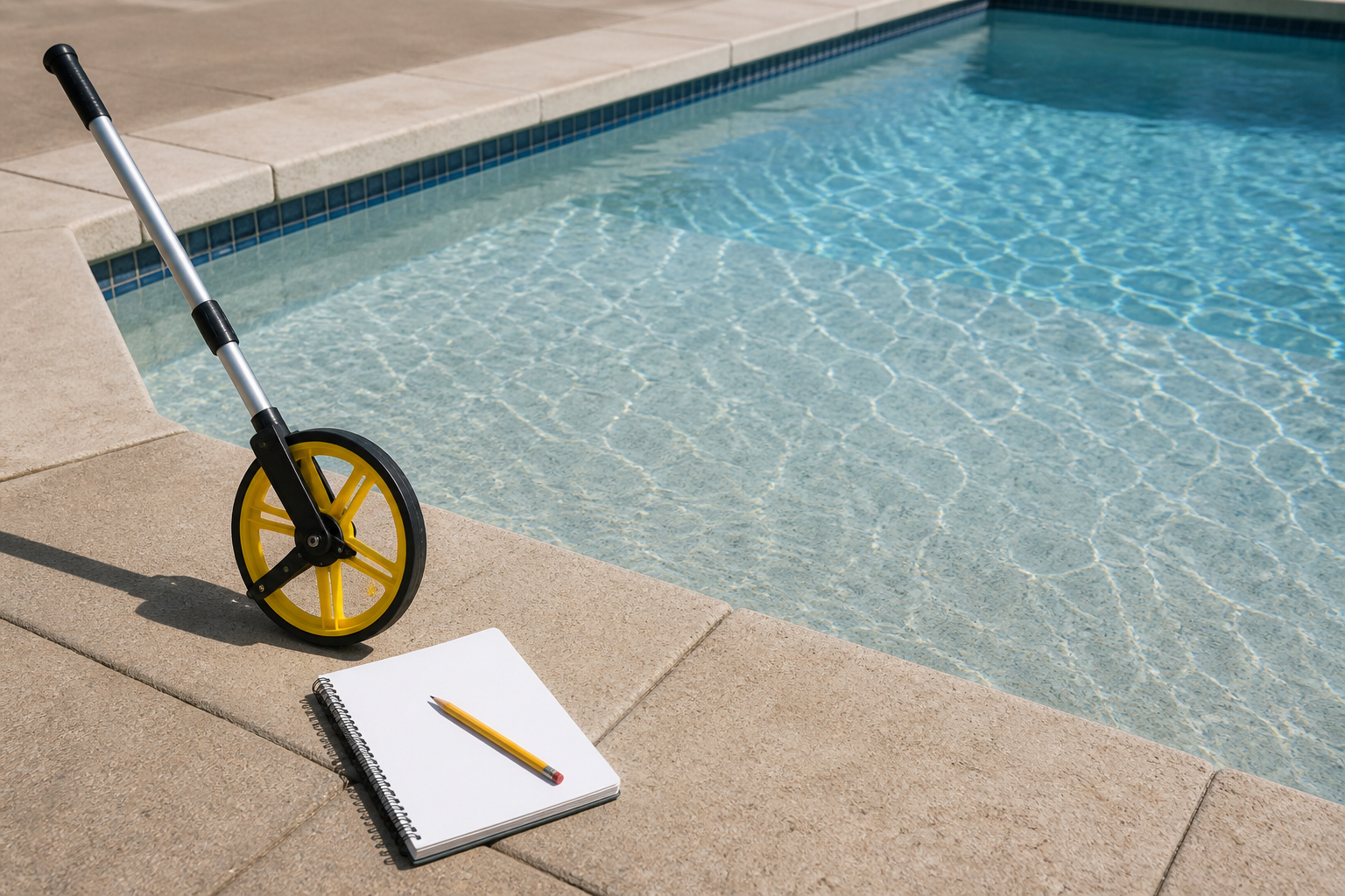 Measuring wheel and notebook at a pool shallow end