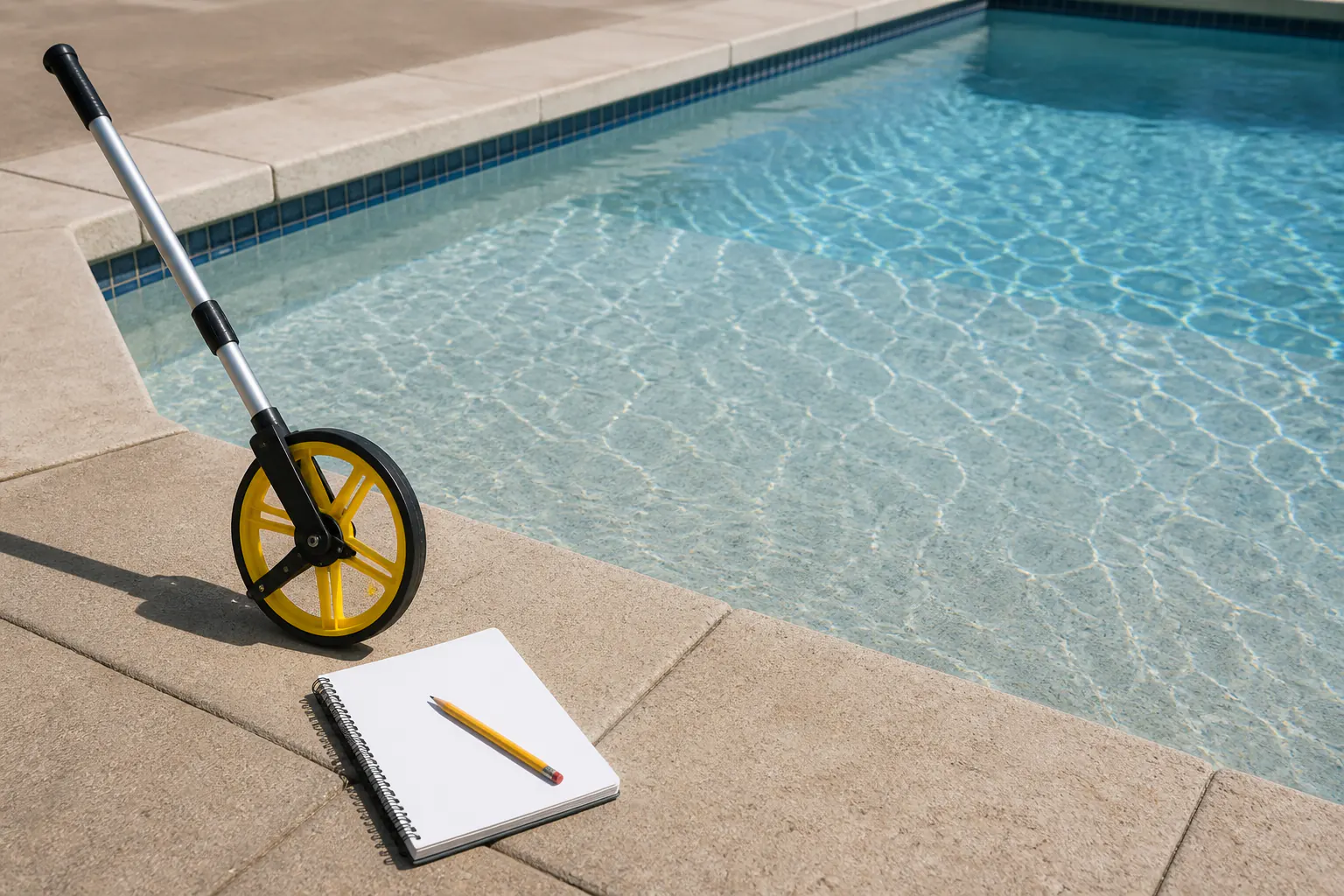 Measuring wheel and notebook at a pool shallow end