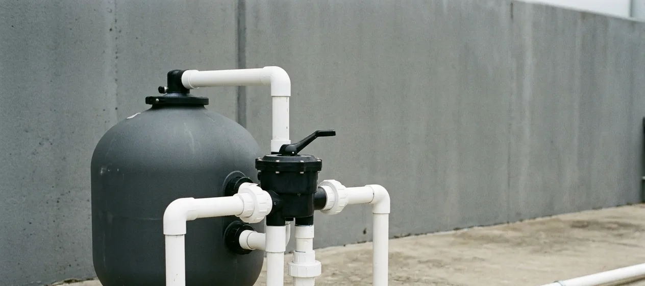 Close view of an external multiport filter valve with PVC union connections beside a filter vessel