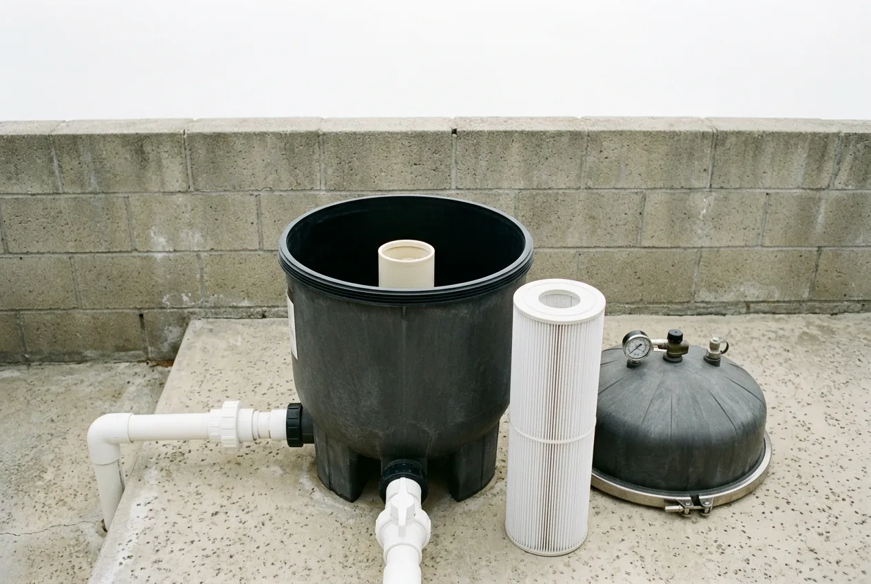 Pleated cartridge standing beside an open filter housing and its detached lid on a concrete pad
