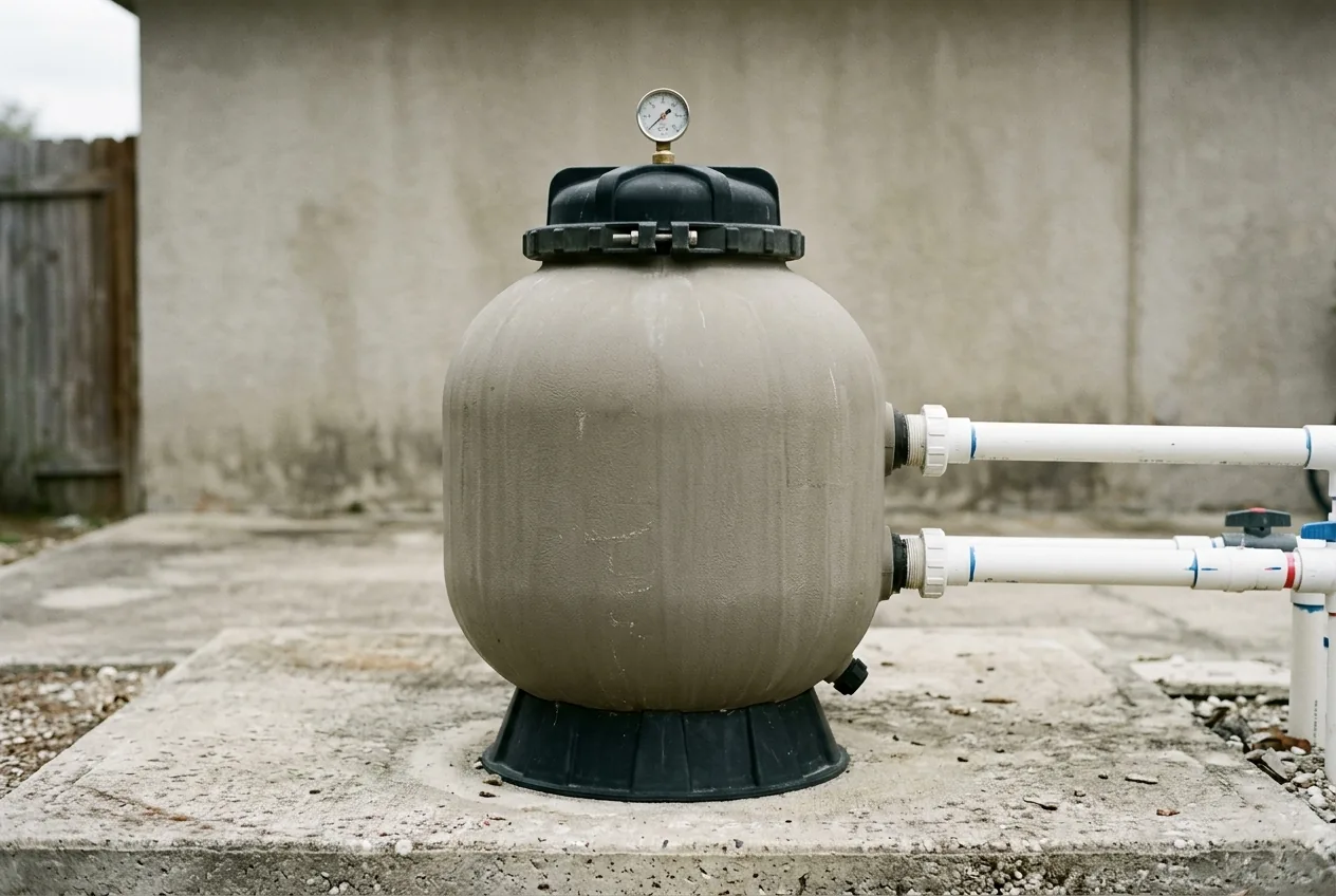Closed fiberglass-style filter vessel with a removable lid, pressure gauge and two PVC connections