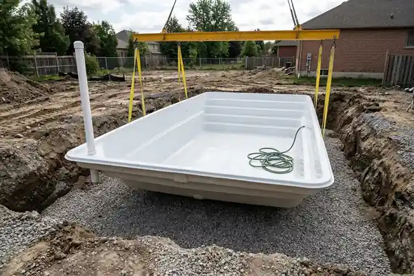White one-piece fiberglass pool shell suspended by lifting straps from a steel spreader frame over a leveled angular crushed gravel bed with a vertical dewatering pipe
