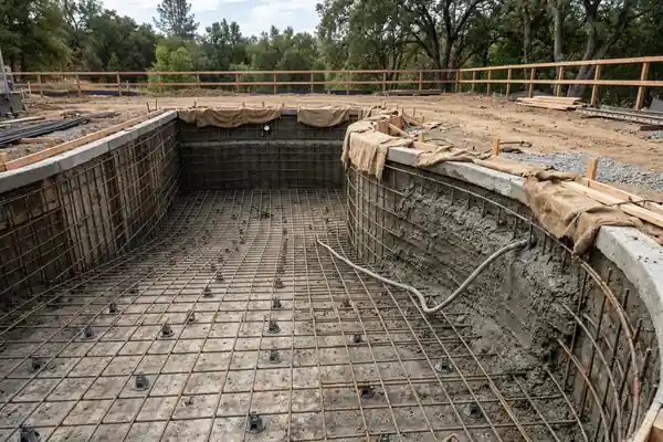 Excavated gunite pool shell showing tied steel reinforcing bar grid with sprayed concrete wall