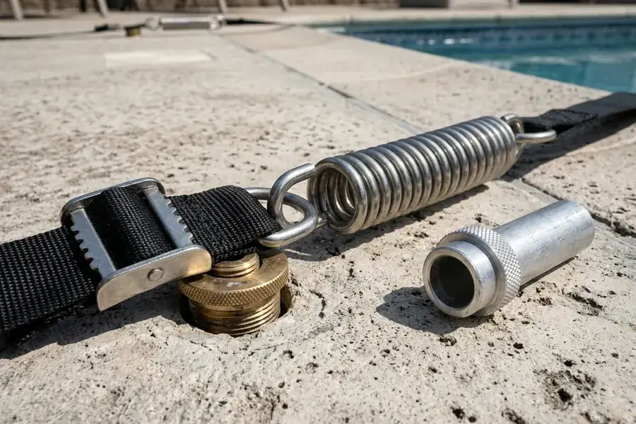Stainless steel compression spring and black webbing strap hooked to a raised threaded brass anchor in a concrete pool deck beside an aluminum pipe anchor