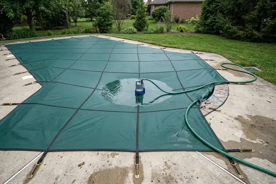 Automatic pool cover pump sitting upright near the center of a taut solid safety pool cover with a discharge garden hose routed across the deck