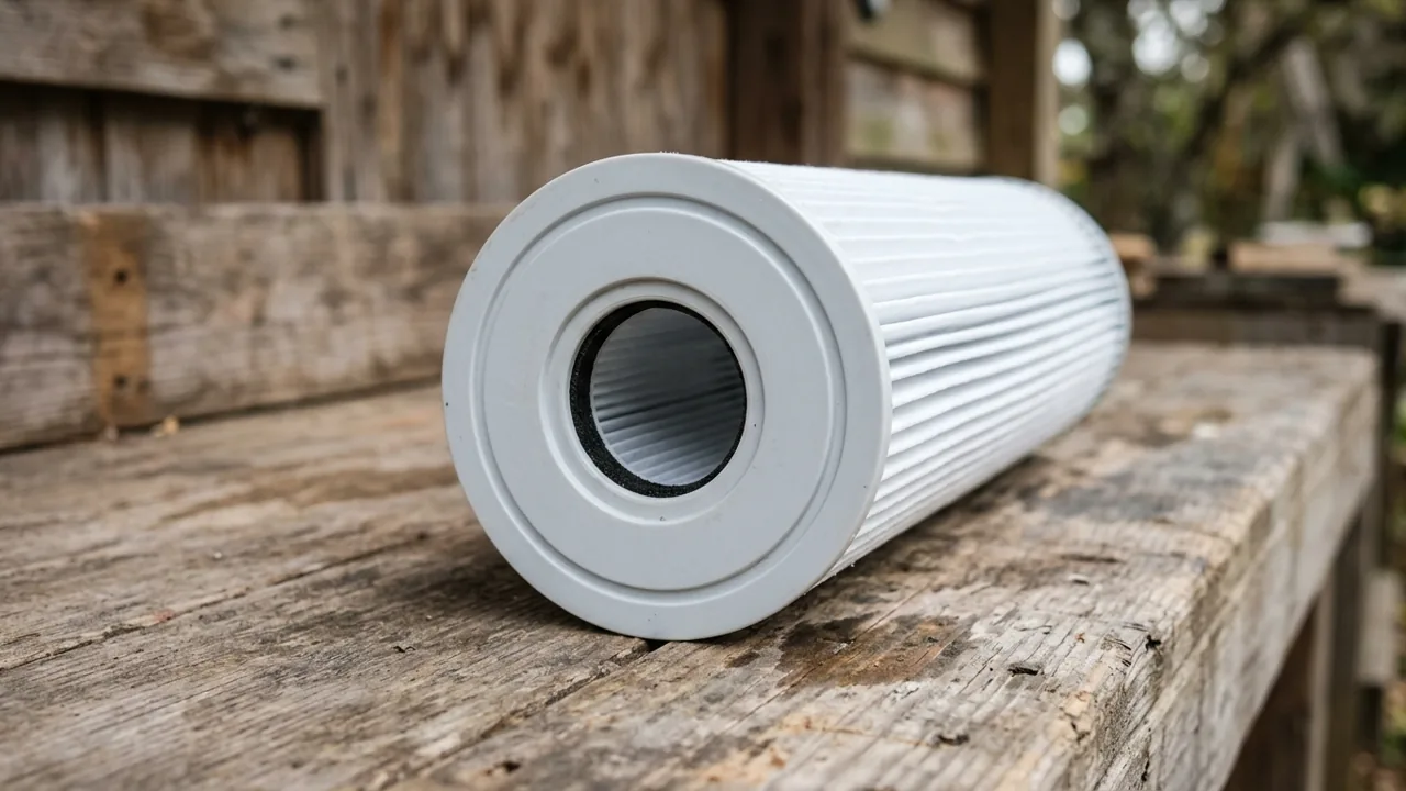 Close view of a horizontal white pleated cartridge with a round end cap and central opening
