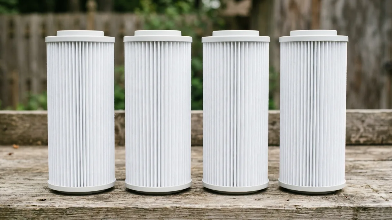Four matching white pleated filter cartridges standing side by side on a workbench