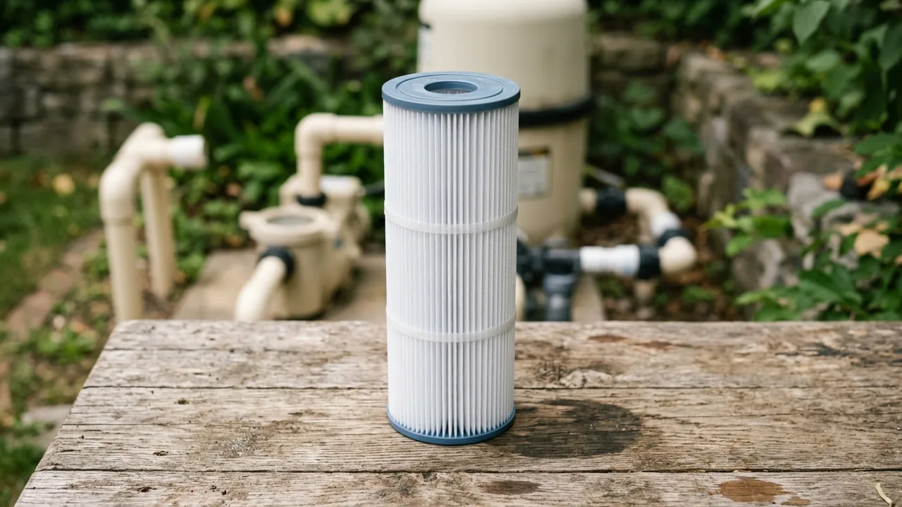 A tall white pleated filter cartridge standing upright on a wooden workbench