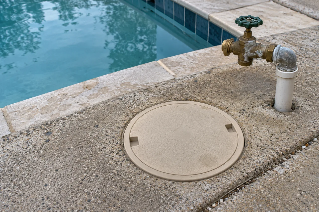 Circular tan deck access lid for a poolside water leveler beside a brass manual shutoff valve and white PVC supply riser on a concrete pool deck