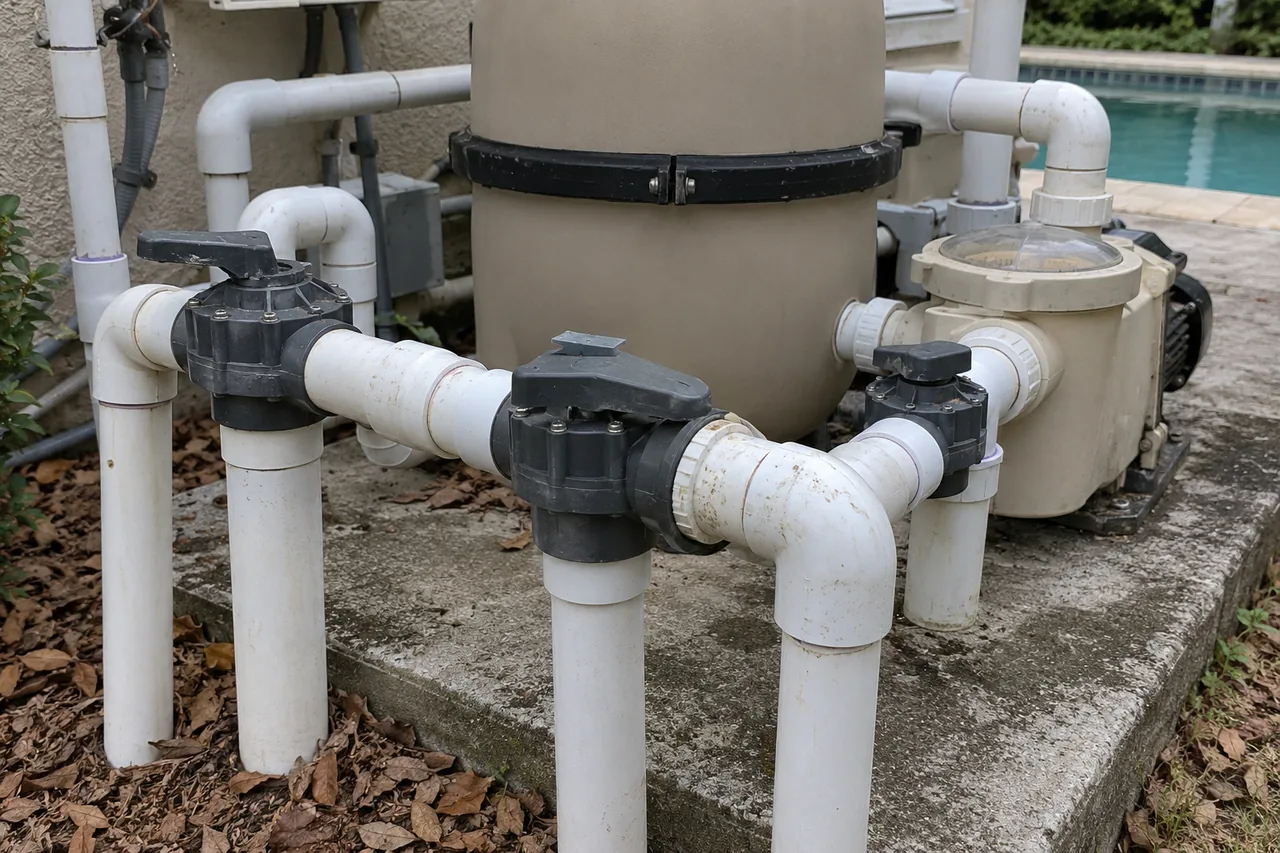 White Schedule 40 PVC suction and return manifold pipes with dark grey 3-way diverter valves in front of a filter tank and pump strainer on a concrete pad