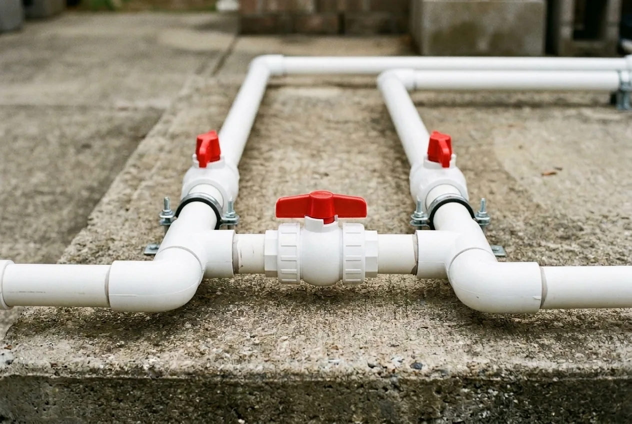 PVC bypass manifold with a valve on the straight path and two valves on branches leading toward the thermal equipment
