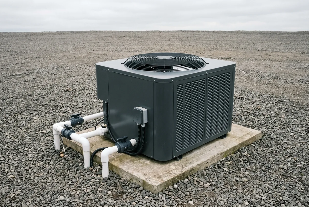 Generic fan-equipped pool heat-pump cabinet on an open concrete pad with clear space around its sides