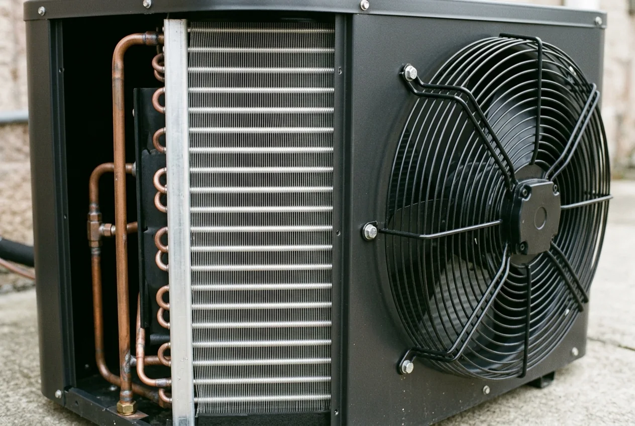 Close detail of a finned heat-pump air coil beside a guarded fan