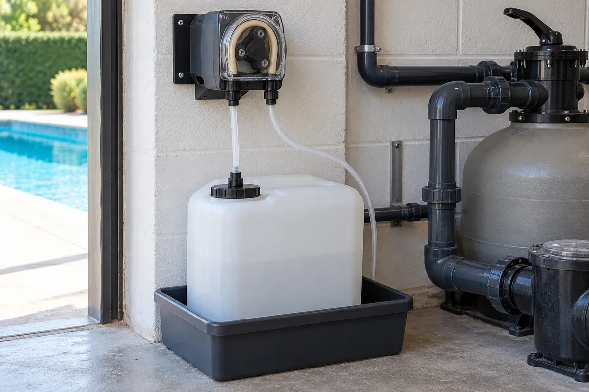 Wall-mounted metering pump with a clear pump-head cover beside a closed reservoir in a containment tray